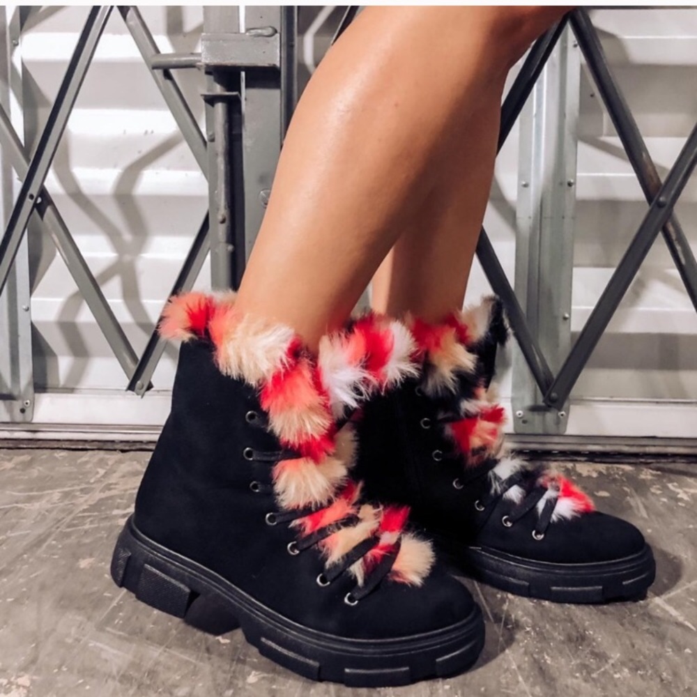 Black faux multi fur lace up boots